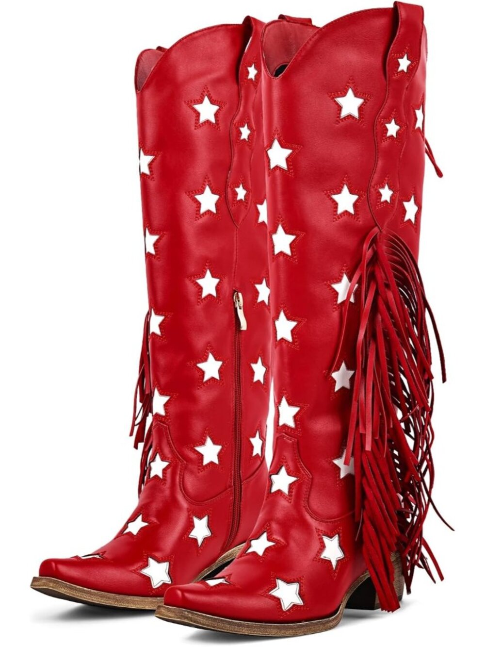 Women Knee High Red Pointed Toe Fringe Wide Calf Cowgirl Over The Knee High Boot